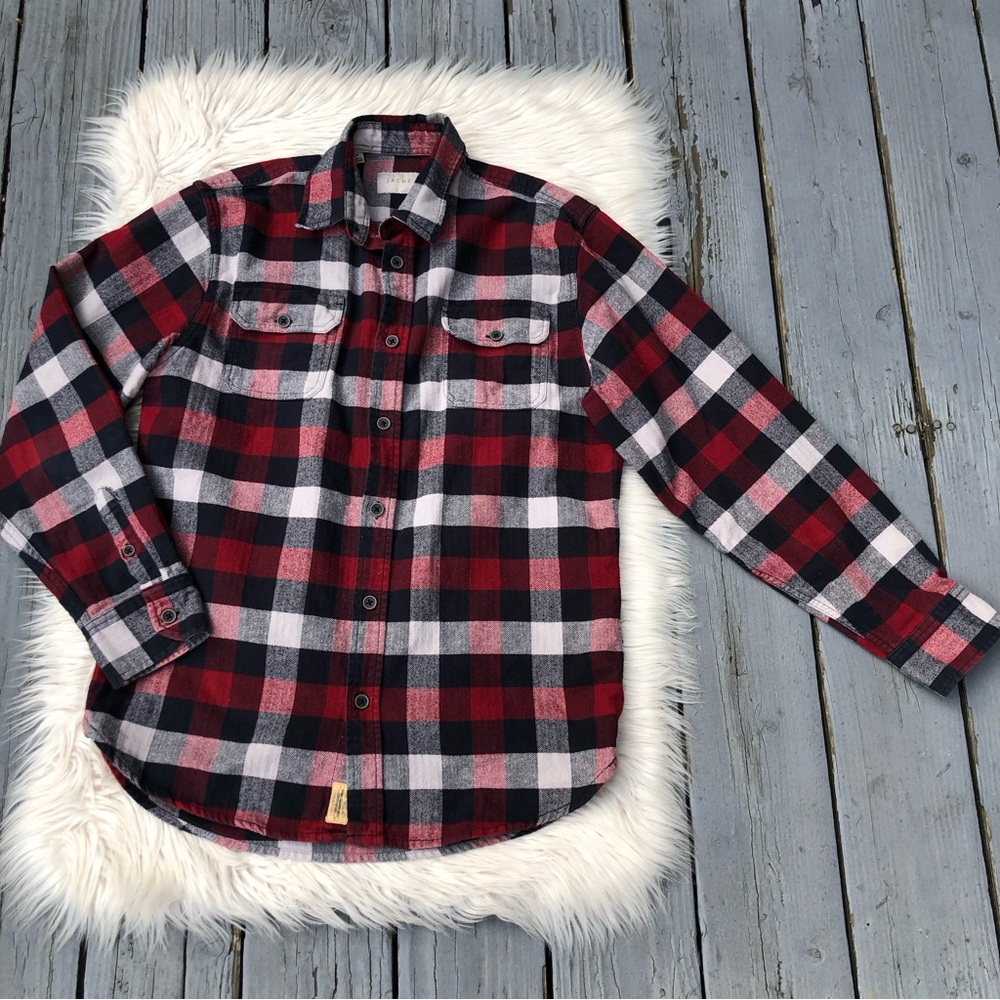 Jachs Black Red Flannel Button Down Plaid Men Shirt, size M